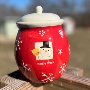 Hallmark Red Cookie Jar Snowman and snowflake details. Ceramic glazed finish